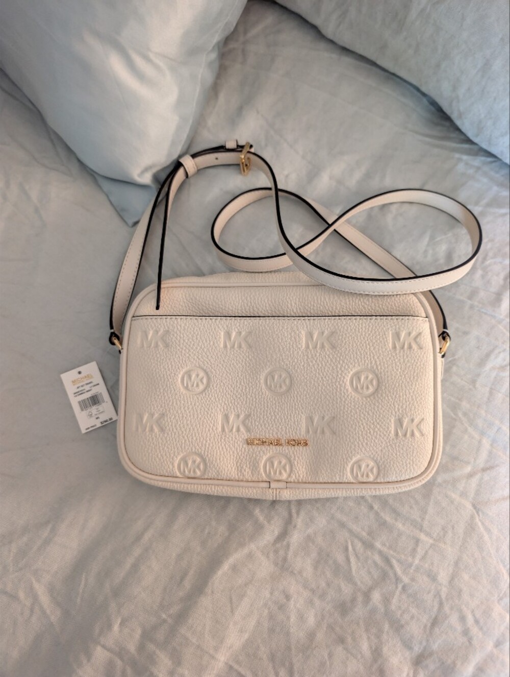 NWT Michael Kors Jet Set Travel Large Debossed Camera Crossbody Bag Cream